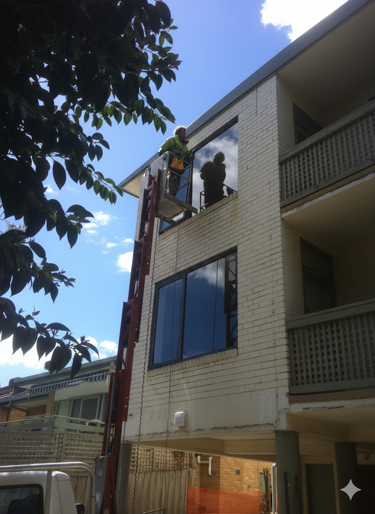 Workers installing windows on building